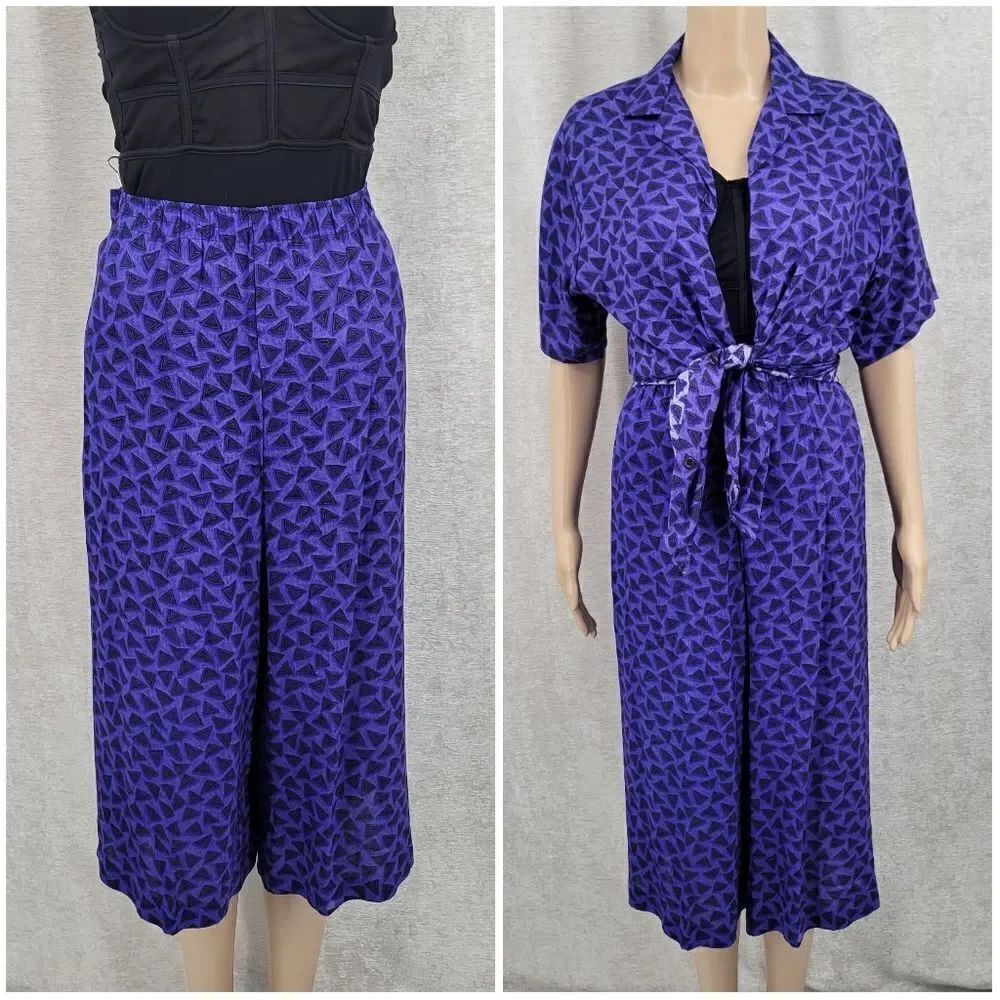 Trotters Vintage Indigo Geometric Matching Set Gaucho Pants Button Down Shirt